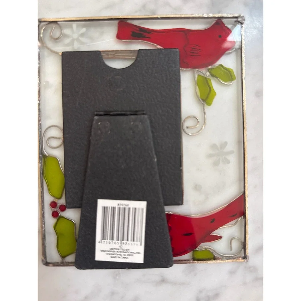 Greenbrier International Stained Glass Cardinal Picture Frame Red Bird Holly 2x3